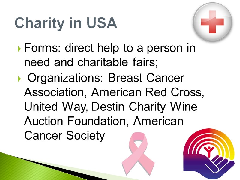 Forms: direct help to a person in need and charitable fairs;  Organizations: Breast
